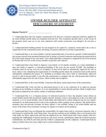 First page of the Owner-Builder Affidavit & Disclosure Statement