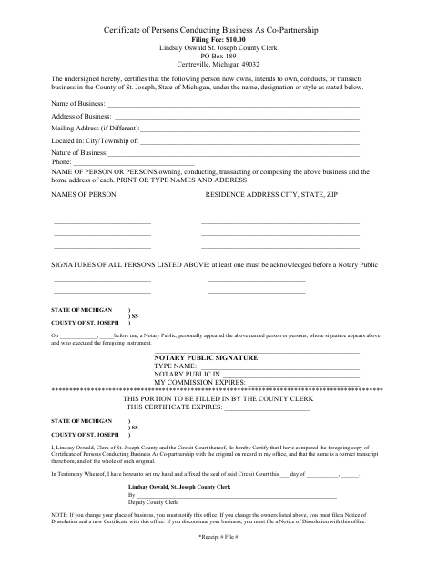 Certificate of Persons Conducting Business As Co-Partnership, St. Joseph County form, first page