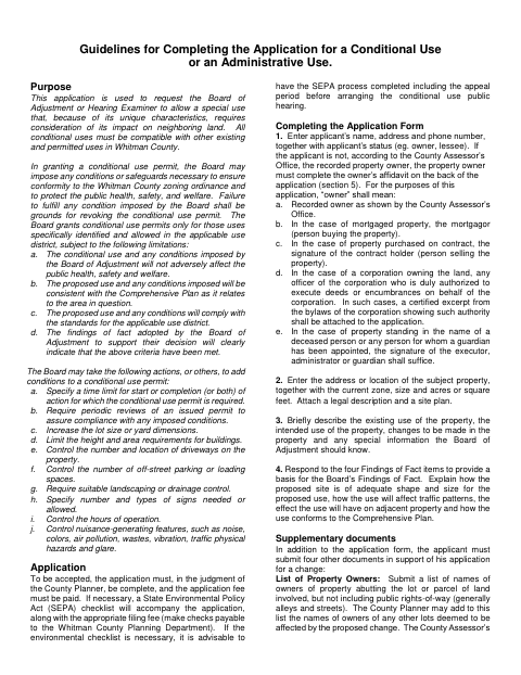 Conditional Use Permit Application, Whitman County form, first page