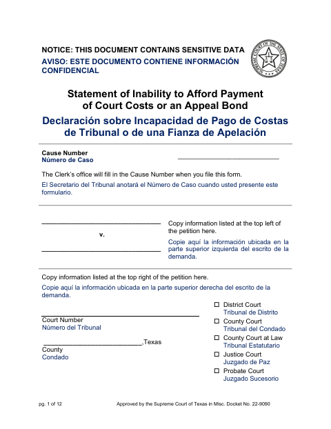 Statement of Inability to Afford Payment of Court Costs or an Appeal Bond, Colorado County form, first page