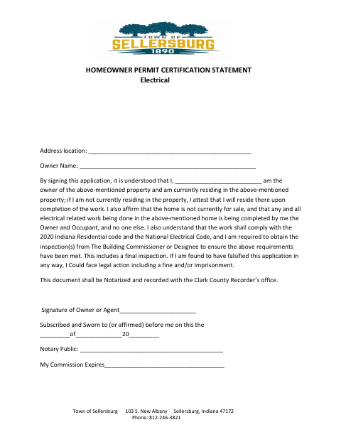 First page of the Homeowner Permit Certification Statement – Electrical