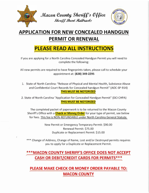 Application for New Concealed Handgun Permit or Renewal, Macon County form, first page