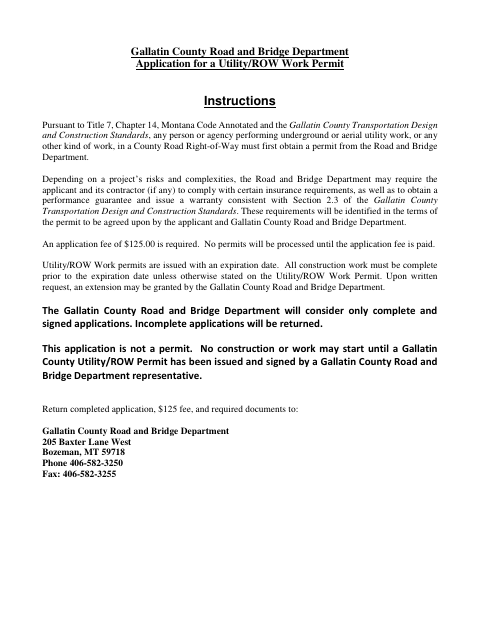 First page of the Utility/ROW Work Permit Application