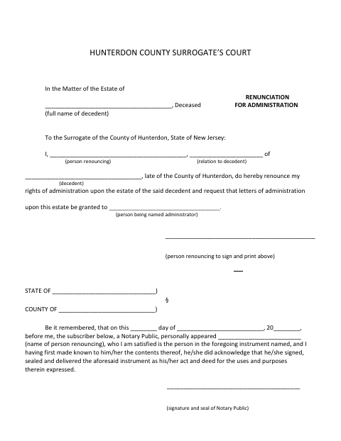 Renunciation For Administration, Hunterdon County form, first page