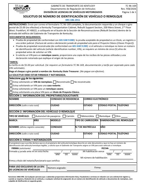 TC 96-169 Vehicle or Trailer Identification Number Application first page