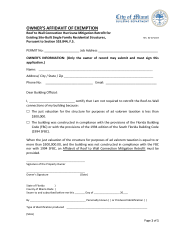 First page of the Owner's Affidavit of Exemption