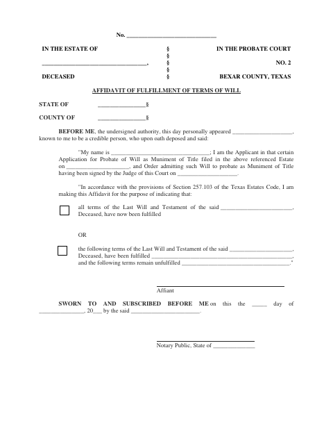 Affidavit of Fulfillment of Terms of Will, Bexar County form, first page