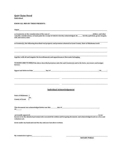 Individual Quit Claim Deed, Grant County form, first page