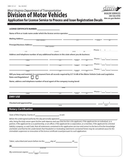 DMV-101-LS Application for License Service to Process and Issue Registration Decals first page