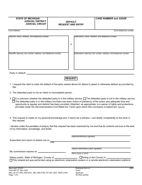 Default Request and Entry, Oakland County form, first page