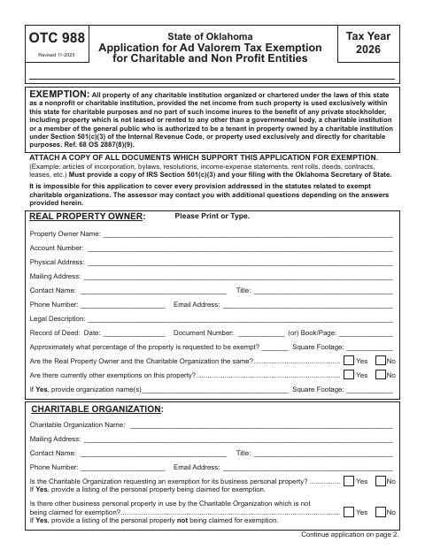 Application for Ad Valorem Tax Exemption for Charitable and Nonprofit Entities, McCurtain County form, first page