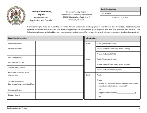 Preliminary Plat Application and Checklist, Powhatan County form, first page