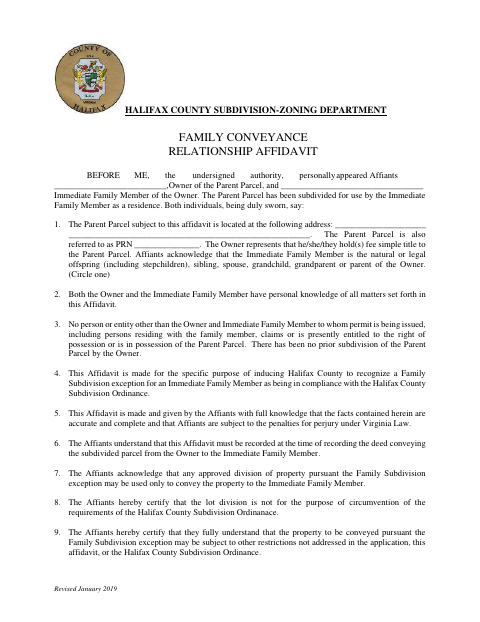 Family Conveyance Relationship Affidavit, Halifax County form, first page