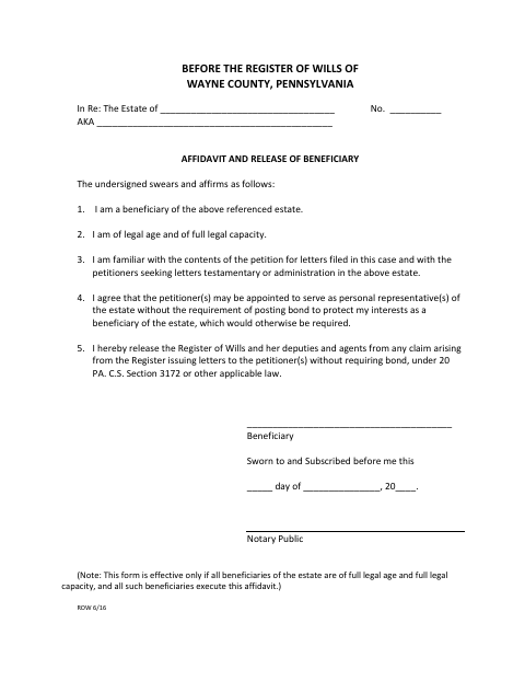 Affidavit and Release of Beneficiary, Wayne County form, first page