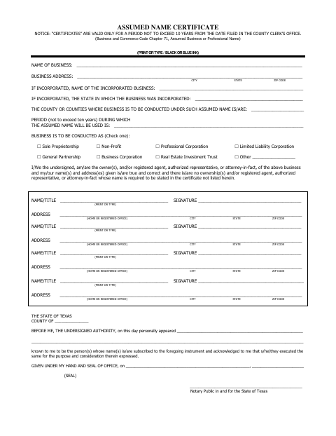Assumed Name Certificate, Hidalgo County form, first page