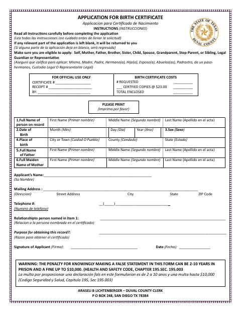 First page of the Application for Birth Certificate