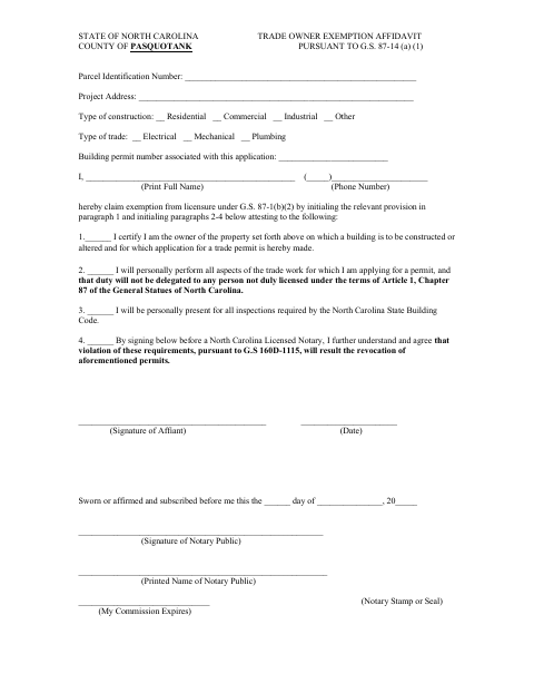 Trade Owner Exemption Affidavit, Pasquotank County form, first page