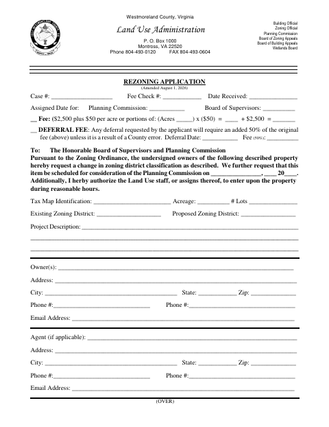 Rezoning Application, Westmoreland County form, first page