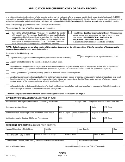 Application for Certified Copy of a Death Record, Sierra County form, first page
