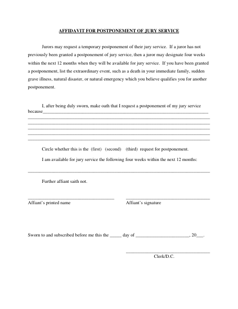 Affidavit for Postponement of Jury Service, Hawkins County form, first page