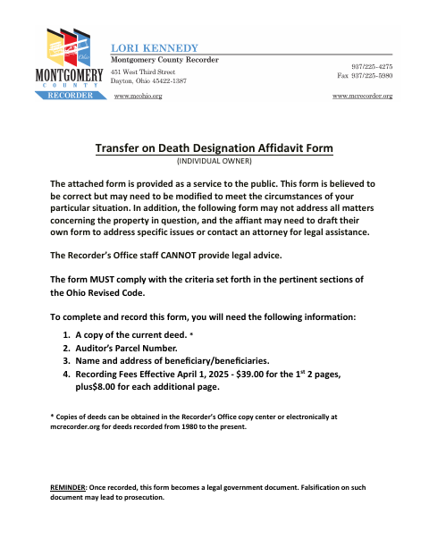 Transfer on Death Designation Affidavit Form (Individual Owner), Montgomery County form, first page