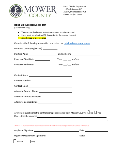 First page of the Road Closure Request Form