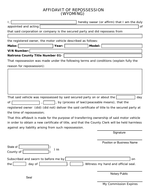 Affidavit of Repossession, Natrona County form, first page