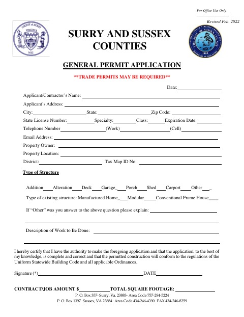General Permit Application, Sussex County form, first page