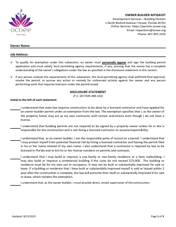 First page of the Owner Builder Affidavit