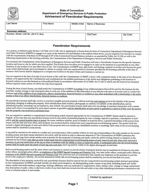 First page of the Pawn Broker License Application