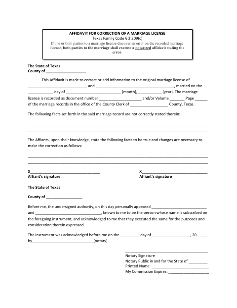 Affidavit for Correction of a Marriage License, McLennan County form, first page