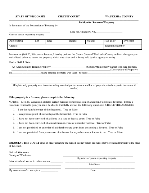 Petition for Return of Property, Waukesha County form, first page