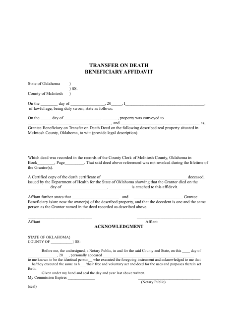 Transfer On Death Beneficiary Affidavit, McIntosh County form, first page