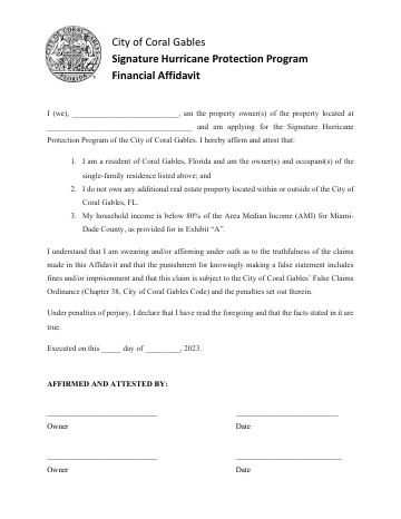 First page of the Property Owner Financial Affidavit for Hurricane Protection Program
