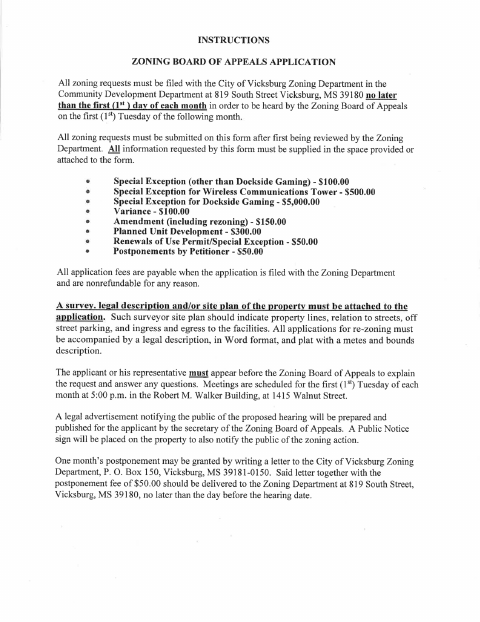 First page of the Zoning Board of Appeals Application