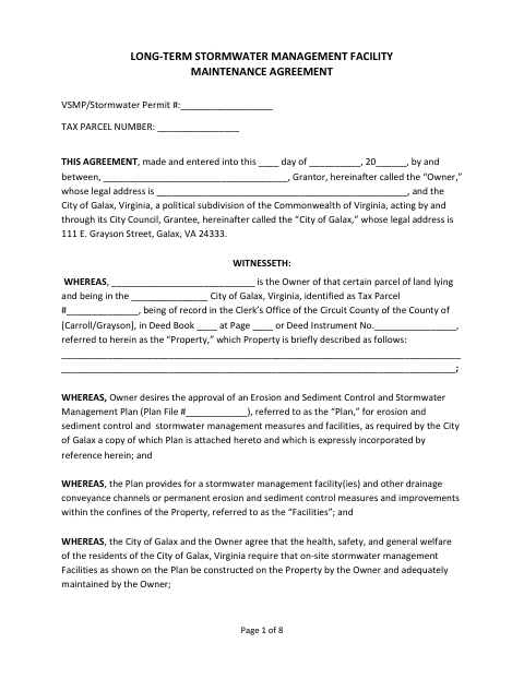 Long-Term Stormwater Management Facility Maintenance Agreement, City of Galax form, first page