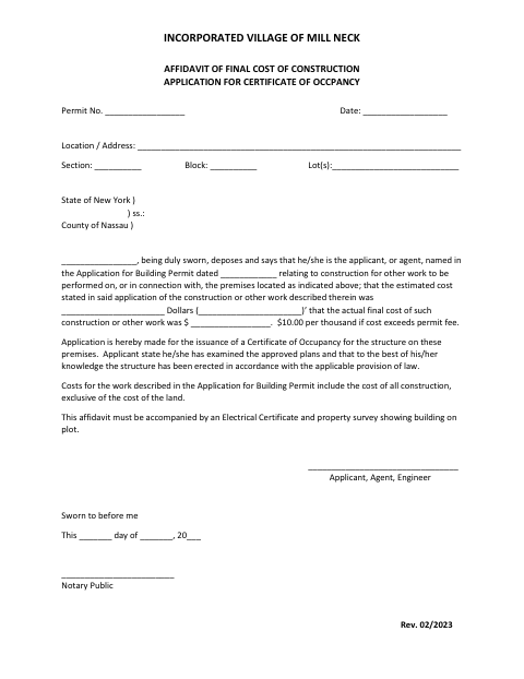 First page of the Affidavit of Final Cost of Construction