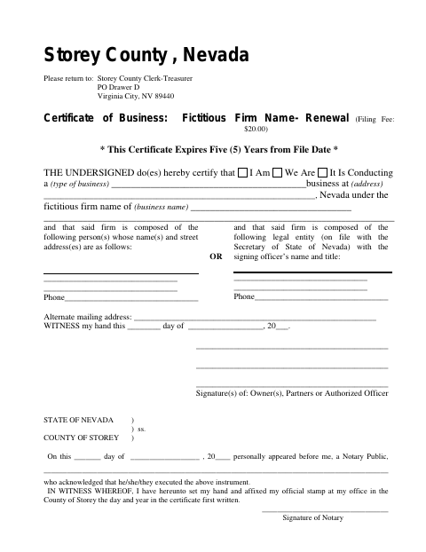 Fictitious Firm Name Renewal, Storey County form, first page