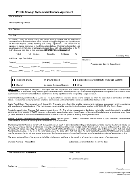 Private Sewage System Maintenance Agreement, Bayfield County form, first page