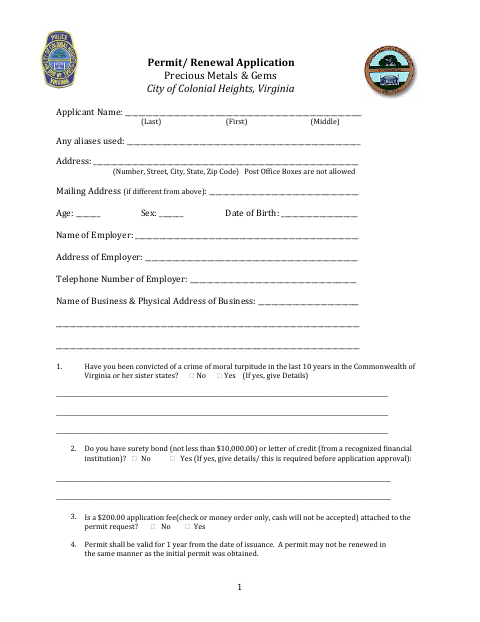 Precious Metals & Gems Permit Application, City of Colonial Heights form, first page
