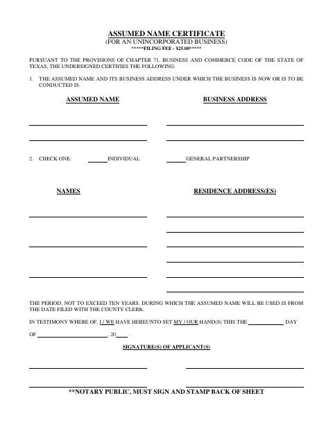 Assumed Name Certificate, Kendall County form, first page