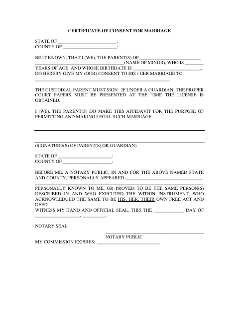 Certificate of Consent for Marriage, Onslow County form, first page