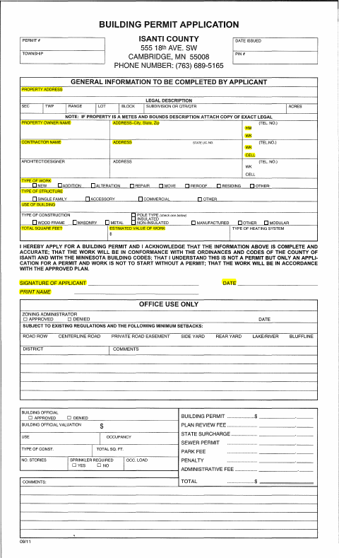 First page of the Building Permit Application