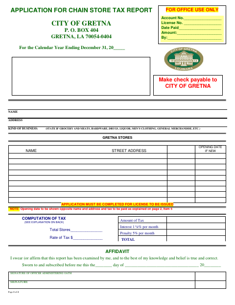 First page of the Chain Store Tax Application