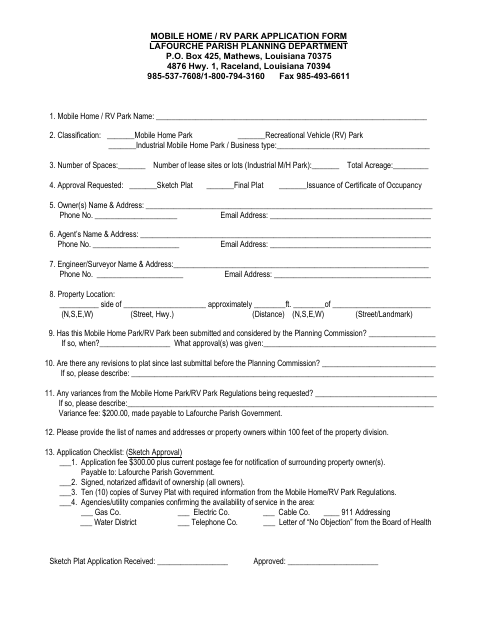 Mobile Home and RV Park Application, Lafourche Parish form, first page