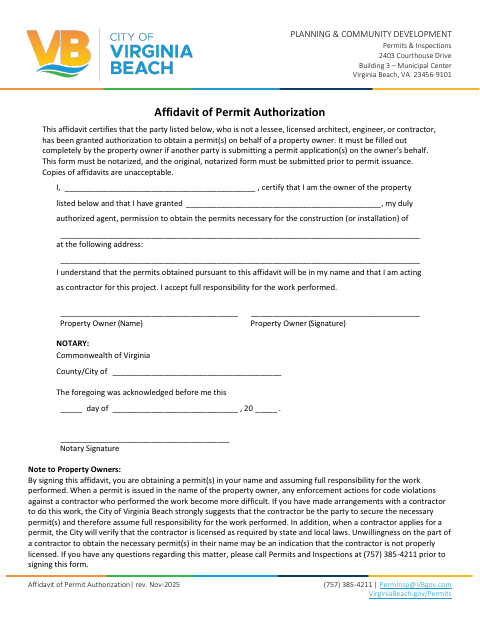 Affidavit of Permit Authorization, City of Virginia Beach form, first page