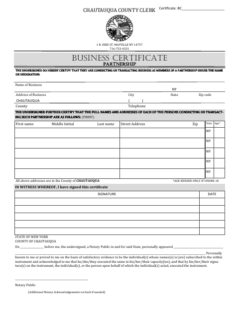 Business Certificate for Partnership, Chautauqua County form, first page