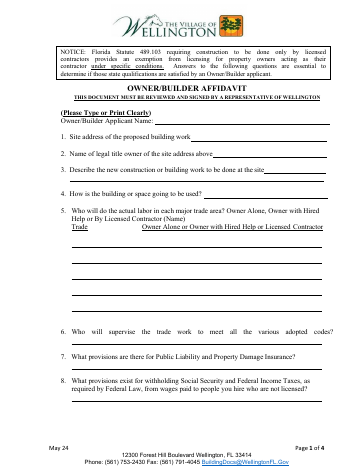 First page of the Owner/Builder Affidavit & Disclosure Statement