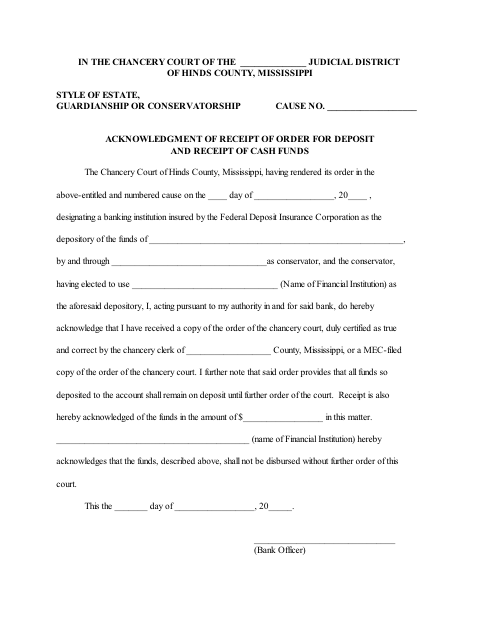Acknowledgment of Receipt of Order for Deposit and Receipt of Cash Funds, Hinds County form, first page