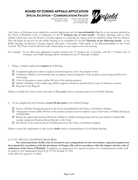 First page of the Special Exception Application – Communications Facility